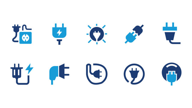 Electric plug and power socket icon collection with electric electricity connector electronics