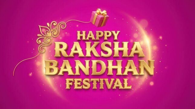 Happy raksha bandhan festival golden text typography with decorative elements and gift box isolated on pink background.