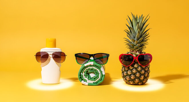 Fun Summer Vacation Background with Sunglasses and Tropical Elements