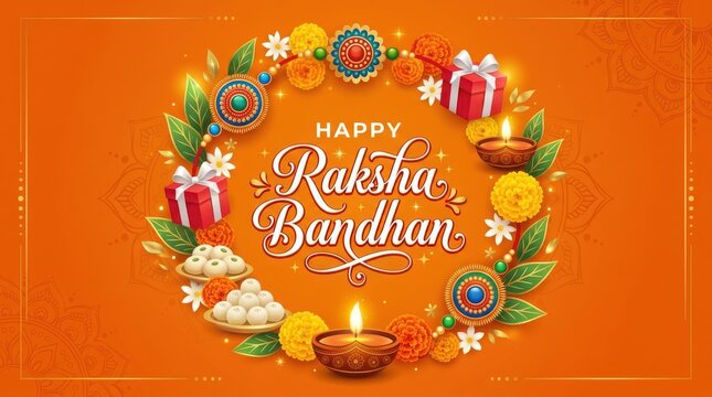 Happy raksha bandhan greeting card with floral wreath marigold flowers oil lamps gift boxes and traditional indian sweets.