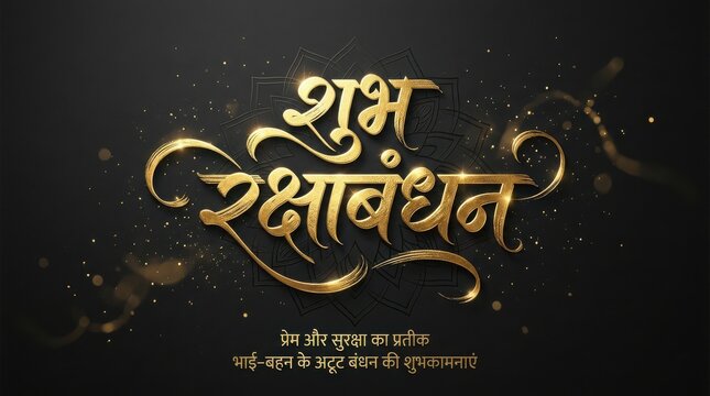 Elegant golden hindi calligraphy for shubh raksha bandhan on dark decorative background with glowing dust and ornaments.