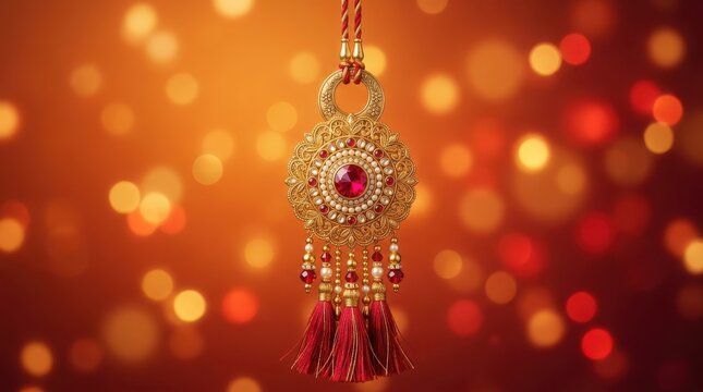 Intricate gold rakhi pendant with crimson stone and decorative tassels set on soft focus warm bokeh orange background.