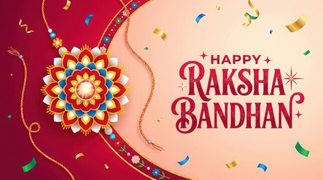 Happy Raksha Bandhan festival celebration with colorful rakhi and confetti on red background.