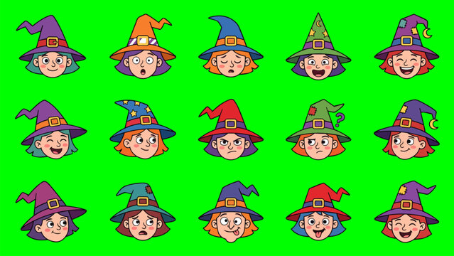 Collection of cartoon witch character faces with expressions vibrant hairstyles