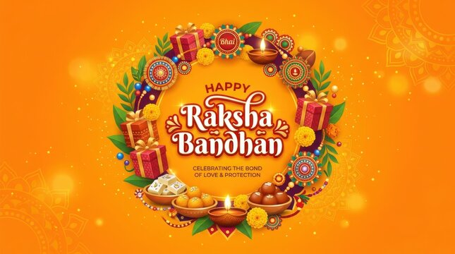 Beautiful raksha bandhan greeting card background with gifts sweets diya lamps and festive floral wreath orange backdrop.