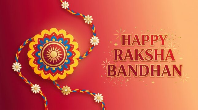 Vibrant raksha bandhan festive background with colorful floral rakhi bracelet and golden typography on gradient backdrop.