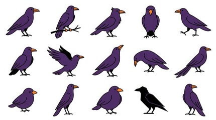 Naklejka premium Set of various black crow bird illustrations in different poses isolated on a plain white background for design