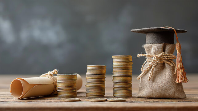 graduation cap and diploma with money coins saving for concept education and scholarships