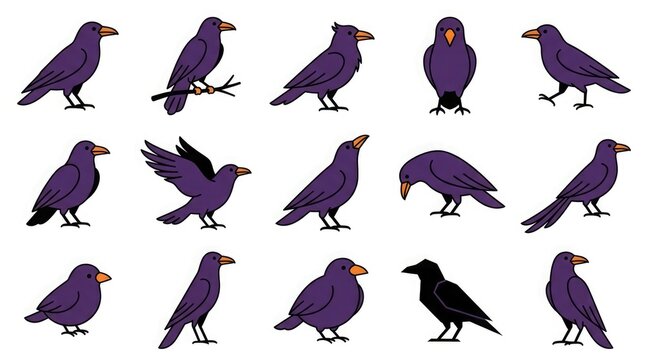 Set of various black crow bird illustrations in different poses isolated on a plain white background for design