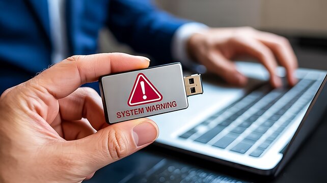 System warning usb drive and cybersecurity malware protection concept
