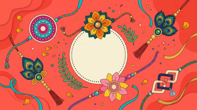 Colorful flat illustration of raksha bandhan festival with multiple colorful rakhi designs and copy space in center.
