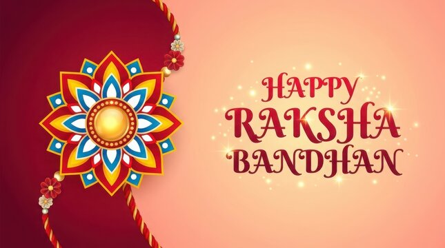 Colorful floral rakhi bracelet design on deep red and pastel peach background with happy raksha bandhan typography text.