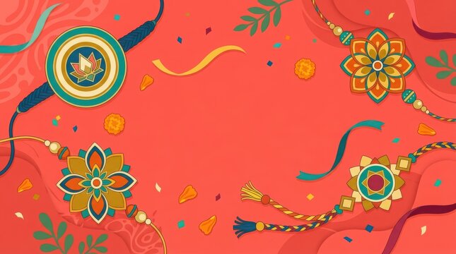 Festive raksha bandhan background with multiple traditional rakhis on vibrant red wavy surface with confetti and petals.