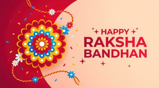 Happy Raksha Bandhan festival celebration with colorful rakhi and confetti on red background.