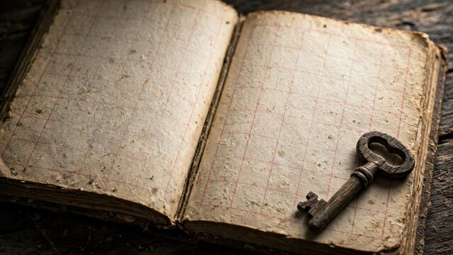 Antique Open Book with Old Skeleton Key on Wooden Surface.