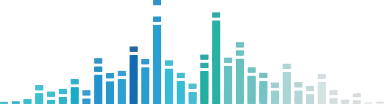 Abstract bar chart featuring ascending and descending blue and teal rectangular bars on a white background