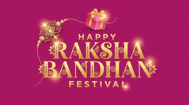 Festive raksha bandhan background greeting featuring golden text elegant decorative rakhi bracelet and pink gift box design.