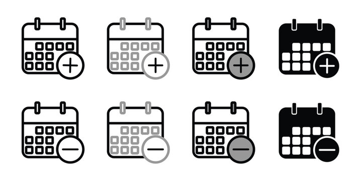 Calendar add and remove date action icon set for scheduling management with calendar schedule increase
