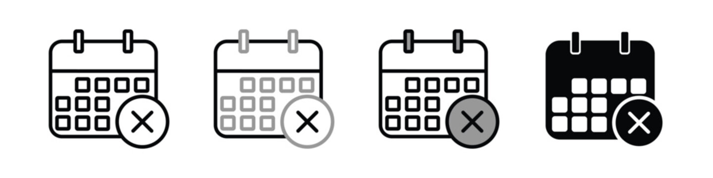 Calendar date cancellation x mark icon set for scheduling and deadlines with calendar schedule rejected