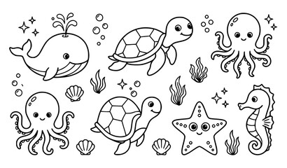 Fototapeta premium Cute Underwater Sea Animal Doodle Collection Featuring Whale Turtle Octopus Seahorse and Starfish Icons