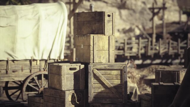 Weathered wooden crates and wagon. Namibia desert outpost scene featuring canvas covered cart, stacked boxes, sunbleached wood, dusty ground, distant fencing