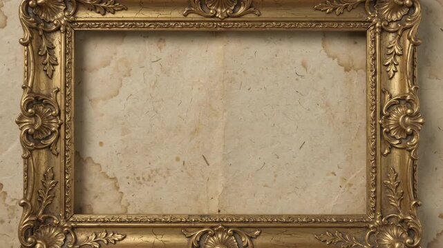 Ornate golden renaissance frame border on vintage weathered paper texture with slow zooming motion across aged parchment background