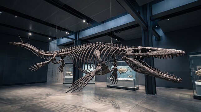 Tylosaurus fossil skeleton on display in museum exhibit. Prehistoric marine reptile bones showcasing natural history and paleontology research.