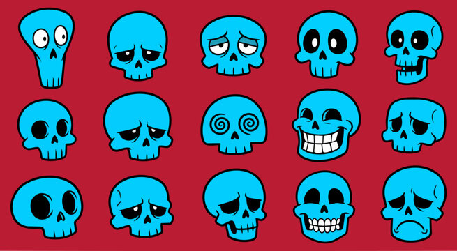 Set of blue cartoon skulls displaying various emotional expressions on solid dark red background