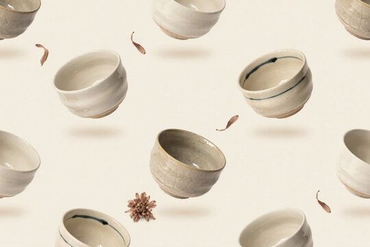 Seamless pattern of floating ceramic tea bowls in various beige and cream tones, interspersed with small dried flowers and seed pods