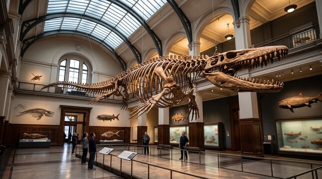 Massive dinosaur fossil skeleton on museum display. Ancient marine reptile Tylosaurus exhibit in grand historic hall.