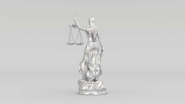 Chrome Lady Justice Statue Metallic Sword Scales 3D Illustration 4k Video