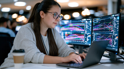 Obraz premium Hybrid quantum classical computing research station where a machine learning engineer reviews model training results on two screens, early morning mist outside university building, coffee untouched,