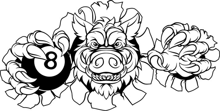 A wild boar, hog razorback warthog pig mean tough cartoon sports mascot holding a pool black eight ball