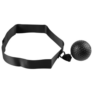 Black boxing reflex ball with elastic headband isolated on white background. Combat sport reflex training equipment