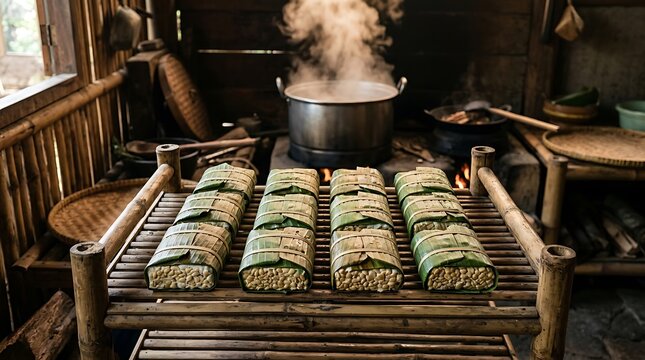 Traditional tempeh wrapped in banana leaves in a rustic kitchen