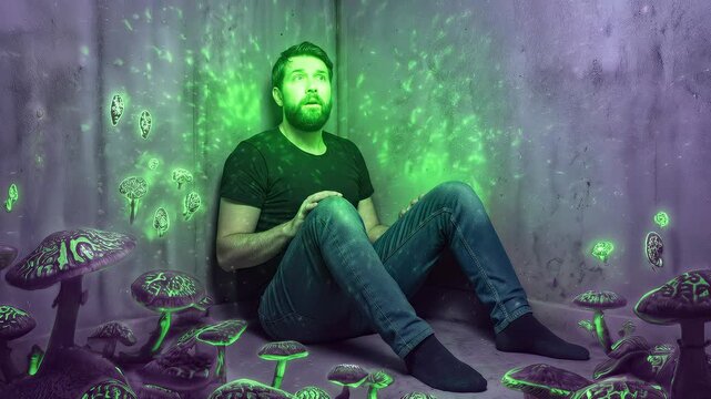 Terrified man sitting in corner surrounded by glowing mushrooms. Surreal hallucination of bioluminescent fungi in dark room. Lockdown shot.