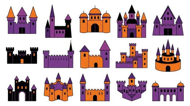 Set of various fantasy castle illustrations in purple and orange colors isolated on a white background