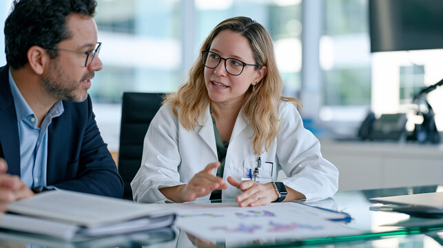 Patent attorney and molecular biologist sit across from each other in a corporate boardroom reviewing gene sequence intellectual property filings, a dense legal brief beside structural protein diagr