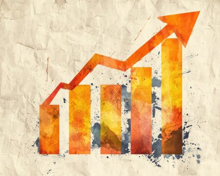 Watercolor financial performance concept featuring glossy rising bar columns dynamic orange arrow minimalist business presentation and inspiring economic expansion on textured paper.