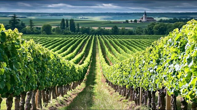 Rows of lush green vines in a sprawling vineyard leading towards a distant village under a dramatic cloudy sky.