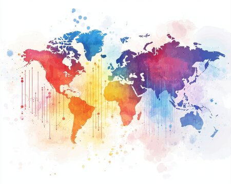 Watercolor financial success concept featuring elegant business charts abstract world continents dynamic trend lines vivid investment colors and soft artistic splashes.