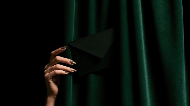 Elegant hand displays black envelope against draped emerald green velvet