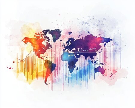 Watercolor financial success concept featuring elegant business charts abstract world continents dynamic trend lines vivid investment colors and soft artistic splashes.