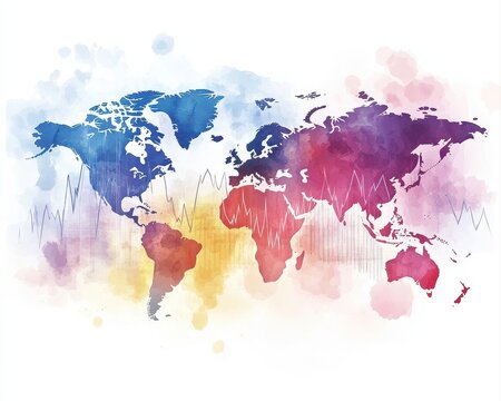 Watercolor financial success concept featuring elegant business charts abstract world continents dynamic trend lines vivid investment colors and soft artistic splashes.