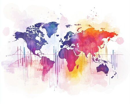 Watercolor financial success concept featuring elegant business charts abstract world continents dynamic trend lines vivid investment colors and soft artistic splashes.