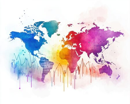Watercolor financial success concept featuring elegant business charts abstract world continents dynamic trend lines vivid investment colors and soft artistic splashes.