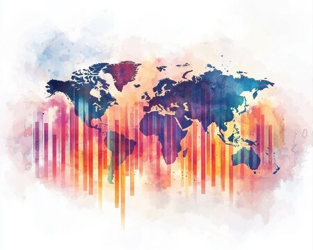 Watercolor financial success concept featuring elegant business charts abstract world continents dynamic trend lines vivid investment colors and soft artistic splashes.