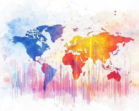 Watercolor financial success concept featuring elegant business charts abstract world continents dynamic trend lines vivid investment colors and soft artistic splashes.