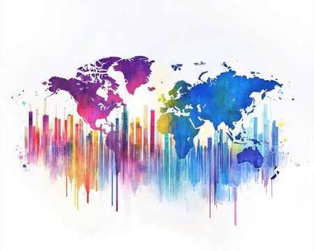 Watercolor financial success concept featuring elegant business charts abstract world continents dynamic trend lines vivid investment colors and soft artistic splashes.
