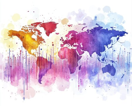 Watercolor financial success concept featuring elegant business charts abstract world continents dynamic trend lines vivid investment colors and soft artistic splashes.